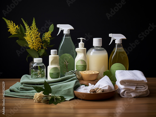 Prodotti per la pulizia sostenibili: prodotti per la pulizia ecologici, come aceto, bicarbonato di sodio e panni per la pulizia riutilizzabili, senza etichette,