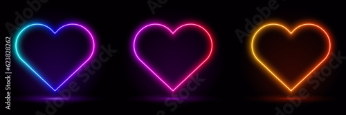3d render, blue neon heart frame, heart shape, empty space, ultraviolet light, 80's retro style, fashion show stage, abstract background, illuminate frame design. Abstract cosmic vibrant hearts backdr