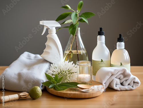 Prodotti per la pulizia sostenibili: prodotti per la pulizia ecologici, come aceto, bicarbonato di sodio e panni per la pulizia riutilizzabili, senza etichette,