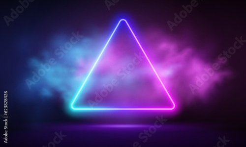 Glowing neon pink triangle with vibrant fog abstract background. Electric light frame. Geometric fashion design vector illustration. Empty minimal art decoration. 80s neon triangle frame,  triangle sh