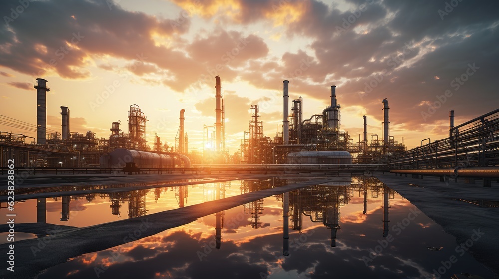Oil and gas refinery plant or petrochemical industry on sky sunset background Oil and gas refinery plant or petrochemical industry on sky sunset background