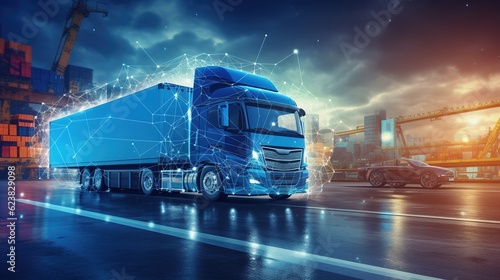 Logistics concept, logistics network distribution and smart transportation, intelligent logistics of truck container cargo, logistic import export and industry, with generative ai