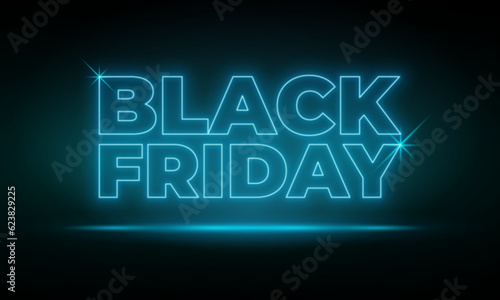 Black Friday Sale neon banner. Design signboard for blackfriday sale on dakr blue background. Glowing white and red neon letters in frame. Realistic vector illustration