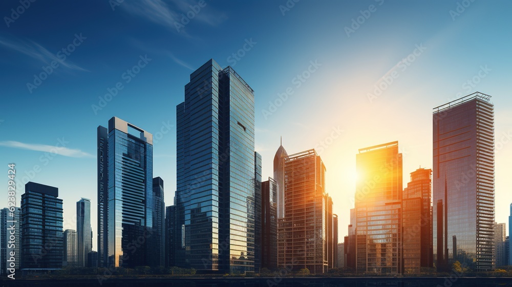 Office and residential skyscrapers against a bright sun and a clear blue sunset sky. Commercial property. A modern commercial district, with generative ai