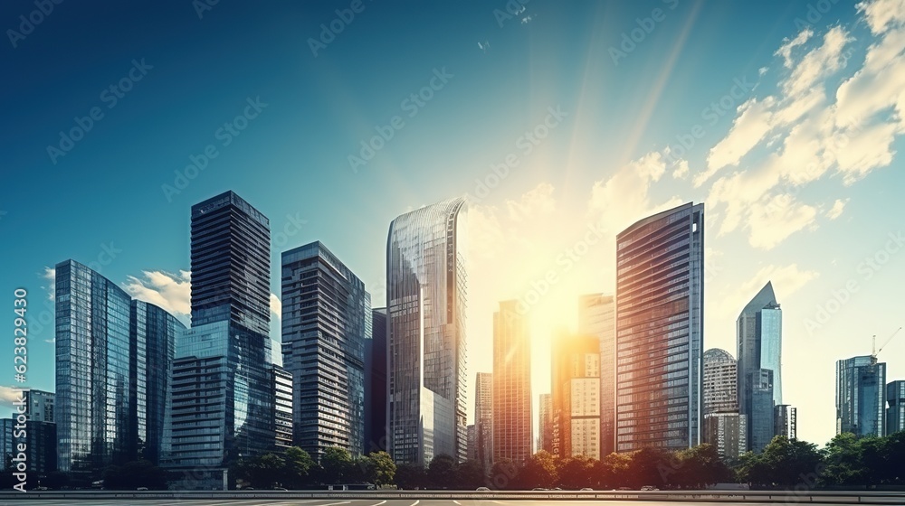 Fototapeta premium City Skyline at Sunset: A mesmerizing cityscape silhouette with modern skyscrapers reaching for the heavens as the sun sets behind them, painting the sky with vibrant hues of orange and pink.