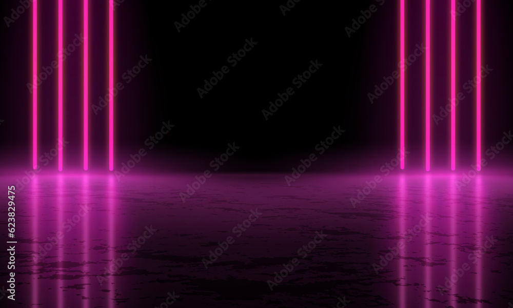 Abstract realistic blue 3d room pedestal podium. Sci-fi dark abstract room with vertical glowing neon lighting lines with wet reflective floor. Vector rendering mockup product display. Modern Futurist Abstract realistic blue 3d room pedestal podium. Sci-fi dark abstract room with vertical glowing neon lighting lines with wet reflective floor. Vector rendering mockup product display. Modern Futurist