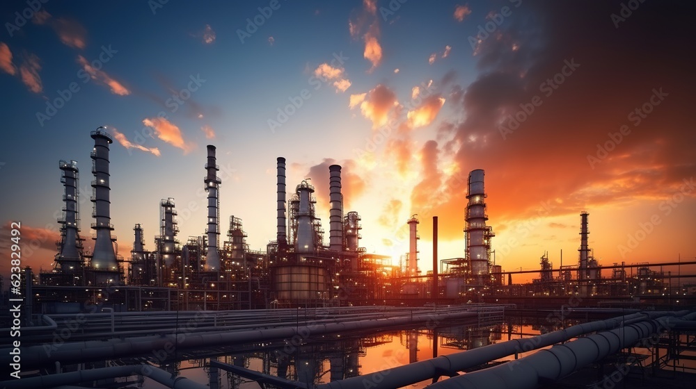 Obraz premium Oil Refinery Sunset: Silhouetted against a vibrant sunset, a sprawling oil refinery complex stands as a testament to industrial power and energy production.