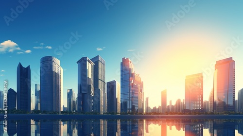 Office and residential skyscrapers on bright sun and clear blue sunset sky background. Commercial real estate. Modern business city district, with generative ai
