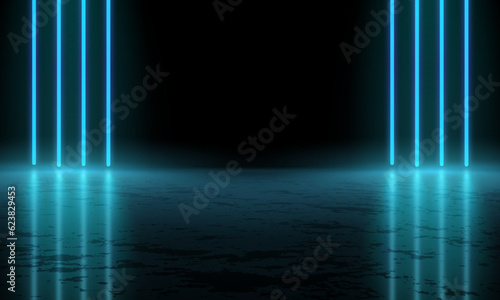 Abstract realistic blue 3d room pedestal podium. Sci-fi dark abstract room with vertical glowing neon lighting lines with wet reflective floor. Vector rendering mockup product display. Modern Futurist