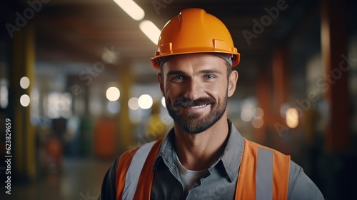 construction worker wearing a safety helmet and a vest stands with his arms crossed at a building site, looking at the camera.