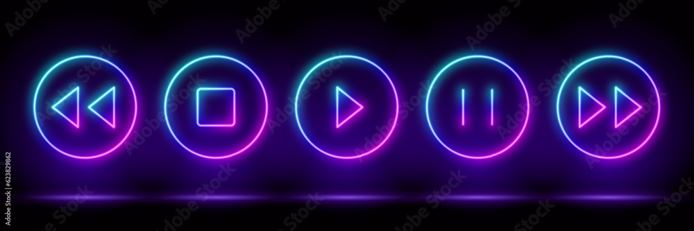 3d render, blue neon music player icons set, empty space, ultraviolet light, 80's retro style, fashion show stage, abstract background, illuminate frame design. Abstract cosmic vibrant mediaplayer ico 3d render, blue neon music player icons set, empty space, ultraviolet light, 80's retro style, fashion show stage, abstract background, illuminate frame design. Abstract cosmic vibrant mediaplayer ico