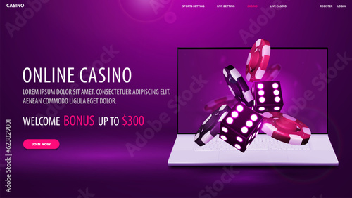 Online casino, violet web banner with offer, laptop, dice and casino chips flying out of the monitor