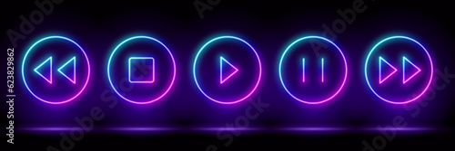 3d render, blue neon music player icons set, empty space, ultraviolet light, 80's retro style, fashion show stage, abstract background, illuminate frame design. Abstract cosmic vibrant mediaplayer ico