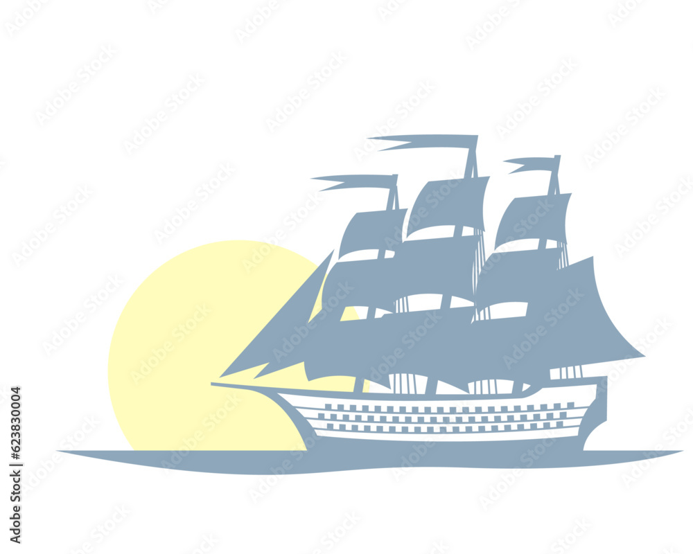 Victorian era Warship. A stylized drawing of an old sailship against the background of the morning sun. Vector image for prints, poster and illustrations.