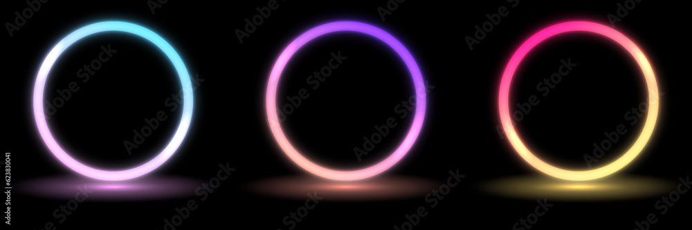 Set of fat neon round frame, circle, ring shape, empty space, ultraviolet light, 80's retro style, fashion show stage, abstract background, illuminate frame design. Abstract cosmic vibrant circle Set of fat neon round frame, circle, ring shape, empty space, ultraviolet light, 80's retro style, fashion show stage, abstract background, illuminate frame design. Abstract cosmic vibrant circle