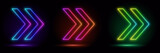 Set of  glow neon arrows, arrow shape, empty space, ultraviolet light, 80's retro style, fashion show stage, abstract background, illuminate frame design. Abstract cosmic vibran arrow sign