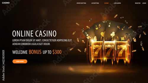 Online casino, dark web banner with offer, neon gold slot machine, black playing cards and poker chips