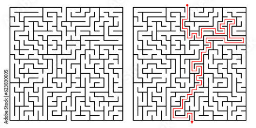 Vector Square Maze. Labyrinth with Included Solution in Black  Red. Funny  Educational Mind Game for Coordination, Problems Solving, Decision Making Skills Test.