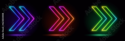 Set of  glow neon arrows, arrow shape, empty space, ultraviolet light, 80's retro style, fashion show stage, abstract background, illuminate frame design. Abstract cosmic vibran arrow sign