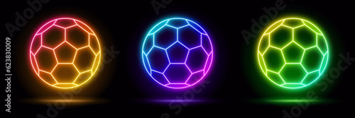 3d render, blue neon frame, circle, soccer ball shape, empty space, ultraviolet light, 80's retro style, fashion show stage, abstract background, illuminate frame design. Abstract cosmic football