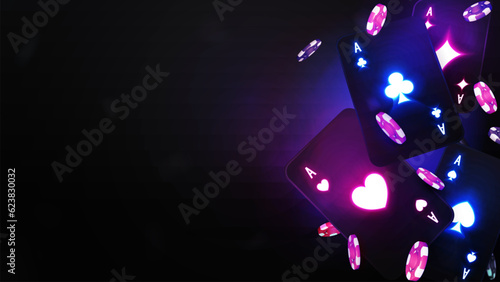 Blackjack black neon poker card with poker chips on black blurred background. Casino backdrop for your arts