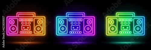 3d render, blue neon boombox frame, boombox shape, empty space, ultraviolet light, 80's retro style, fashion show stage, abstract background, illuminate frame design. Abstract cosmic vibrant boombox i
