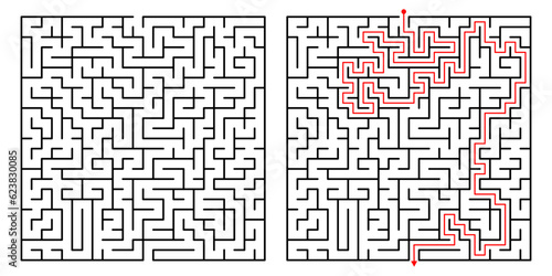 Vector Square Maze. Labyrinth with Included Solution in Black  Red. Funny  Educational Mind Game for Coordination, Problems Solving, Decision Making Skills Test.