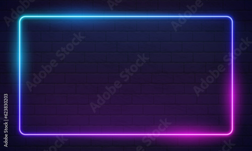 Futuristic Sci Fi Modern Neon Gradient Glowing Rectangle Frame for Banner on Dark Empty Grunge Concrete Brick Background. Vector Vintage Purple Pink Blue Violet Colored Lights. Retro Neon Sign