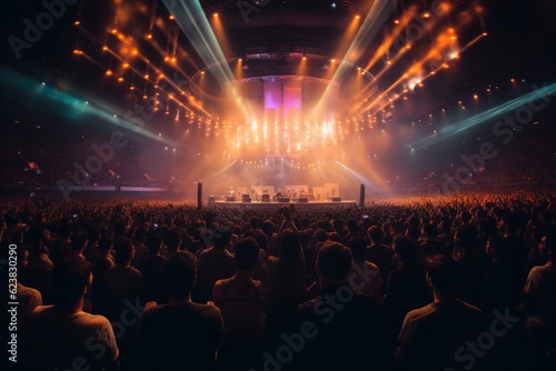 Concert crowd in front of a bright stage lights during a concert
