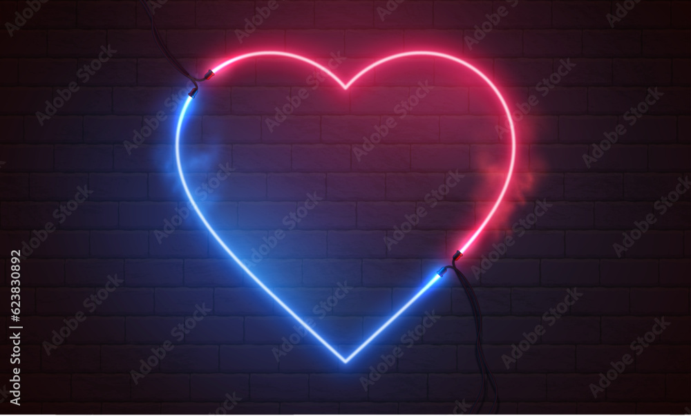 Neon heart. Bright night neon signboard on brick wall background with backlight. Retro glow neon heart sign. Romantic design for Happy Valentines Day. Night light advertising. Concept: anniversary, mo