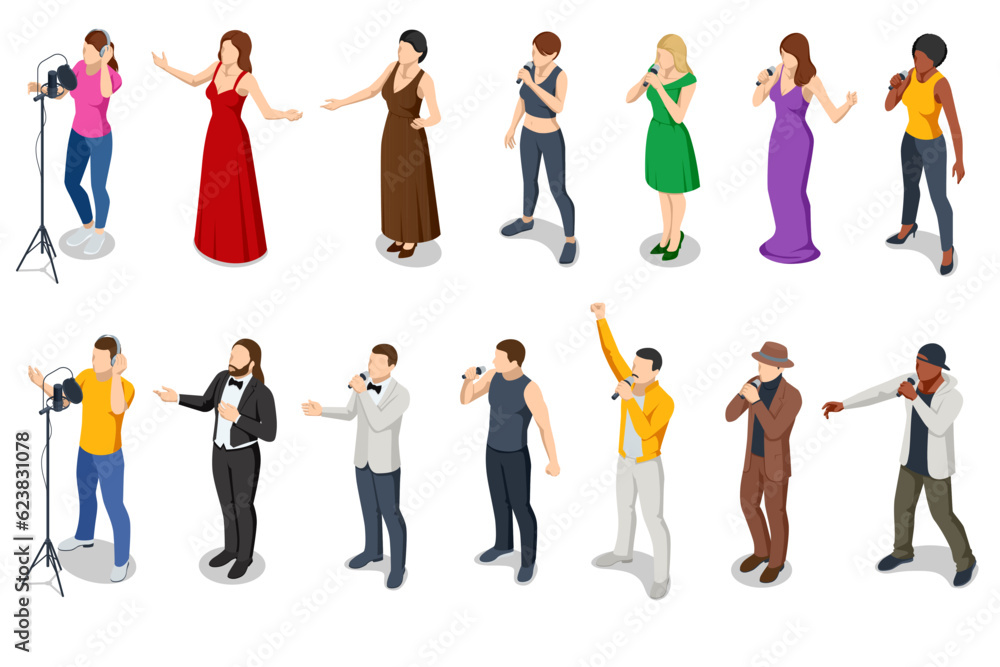 A set of isometric silhouette opera vocalists, rock stars, singer-pop, country music, and artist vocalists A set of isometric silhouette opera vocalists, rock stars, singer-pop, country music, and artist vocalists
