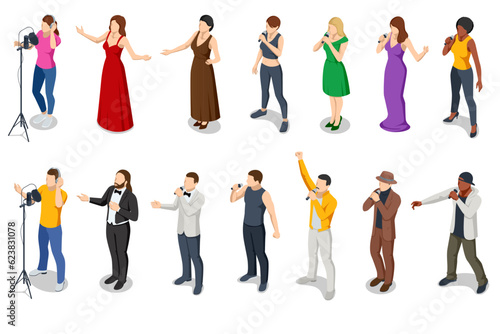 A set of isometric silhouette opera vocalists, rock stars, singer-pop, country music, and artist vocalists