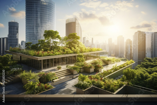 Beautiful garden on rooftop of modern glass Generative AI