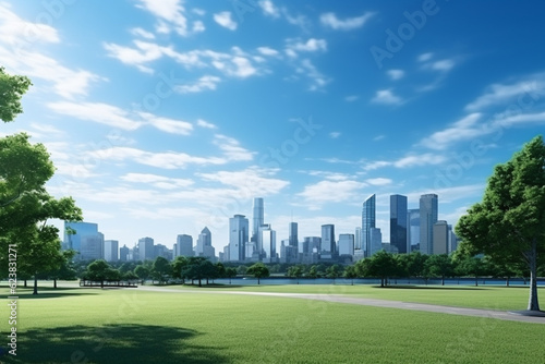 City park under the blue sky, providing a recreational space for residents. Generative AI