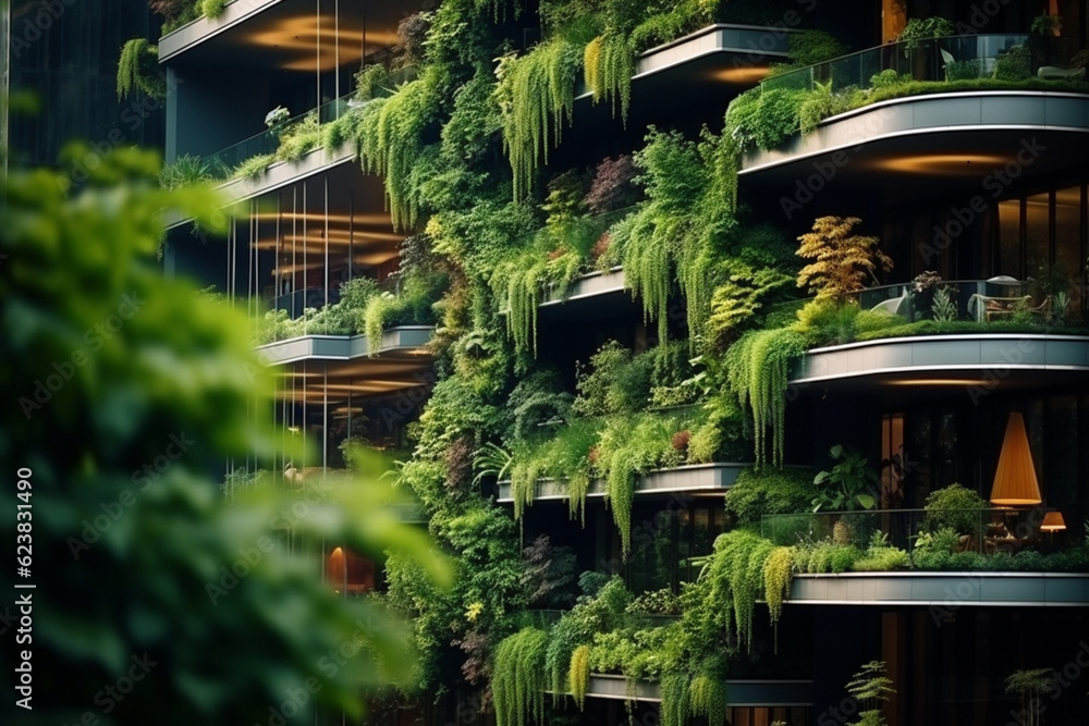 Green facade vertical garden in a sustainable building design. Generative AI