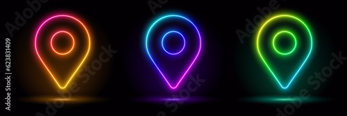 Neon map pin icon. Glowing neon marker sign, outline pointer pictogram in vivid color. Navigation mark, destination point, location marker, address place. Vector icon set, sign, symbol for UI. Ultravi