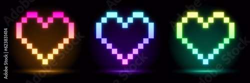 Foto 3d render, pixel heart frame, heart shape, empty space, ultraviolet light, 80's retro style, fashion show stage, abstract background, illuminate frame design