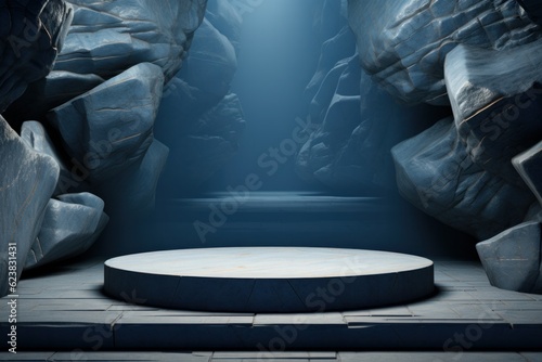 3D rendering of a round podium in a dark blue room with rocks.