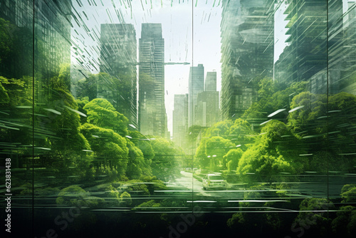 Green city - double exposure image highlighting the integration of nature in urban settings. Generative AI