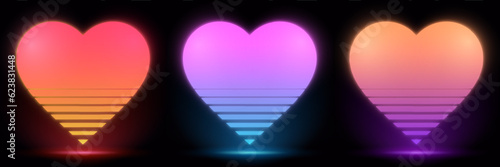 Neon glow Vintage Striped hearts, Posters, Banner Samples, Retro Colors from the 1970s 1980s, 70s, 80s, 90s. retro vintage 70s style stripes heart poster lines. Concept: valentine's day, mother's day,