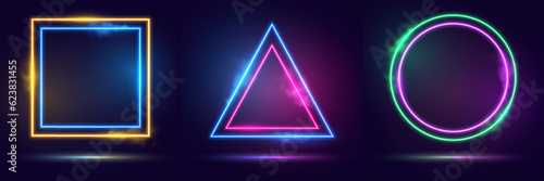 Neon square, triangle, circle Set of blue, red-purple, green illuminate frame design. Abstract cosmic vibrant color square backdrop. Collection of glowing neon lighting on dark background with copy sp