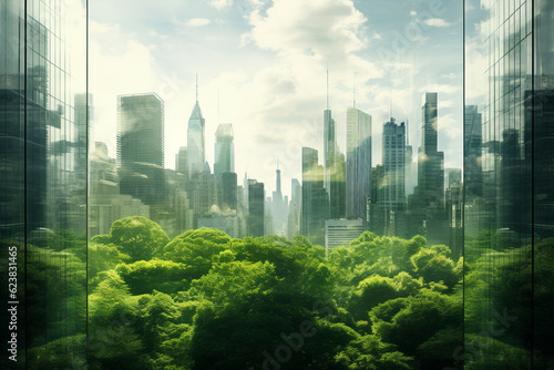 Green city - double exposure image highlighting the integration of nature in urban settings. Generative AI