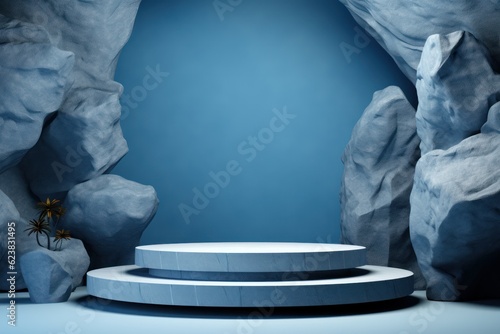 Abstract blue background with podium and rock. 3D rendering. Mock up.