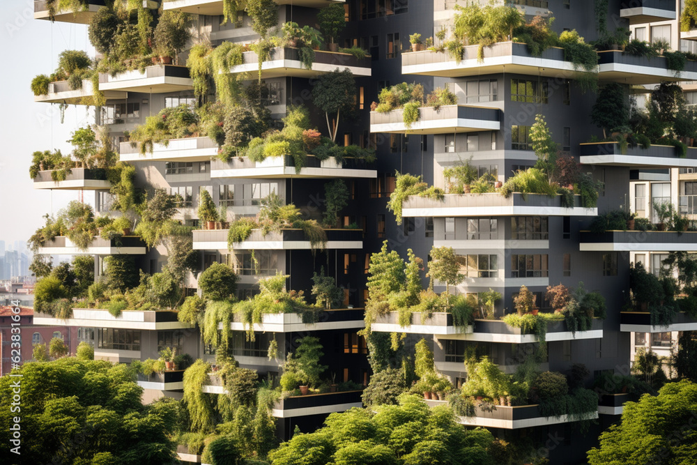 Vertical forest apartment building with greenery adorning its façade. Generative AI