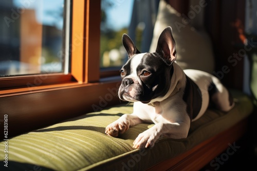 French bulldog lying on a sofa at home in the morning.