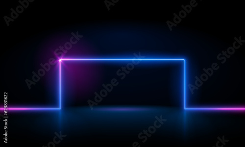 Vector 3d render, square glowing in the dark, pink blue neon light, illuminate frame design. Abstract cosmic vibrant color backdrop. Glowing neon light. Neon frame with rounded corners