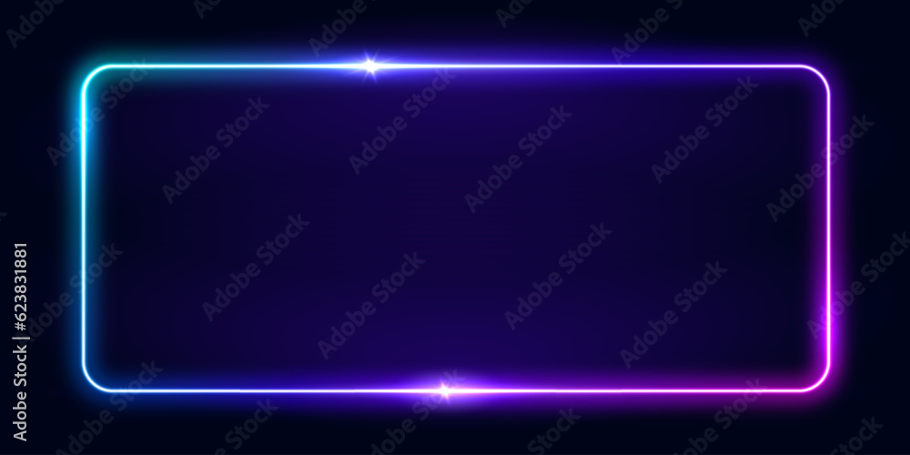 Vector 3d render, square glowing in the dark, pink blue neon light, illuminate frame design. Abstract cosmic vibrant color backdrop. Glowing neon light. Neon frame with rounded corners.  - obrazy, fototapety, plakaty 