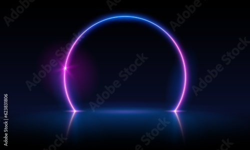 Vector 3d render, blue neon round frame, circle, ring shape, empty space, ultraviolet light, 80's retro style, fashion show stage, abstract background, illuminate frame design. Abstract cosmic vibrant