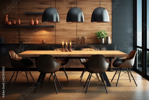 Interior of modern dining room with dark wooden walls, wooden floor, comfortable black chairs standing near round wooden table with candles. 3d rendering
