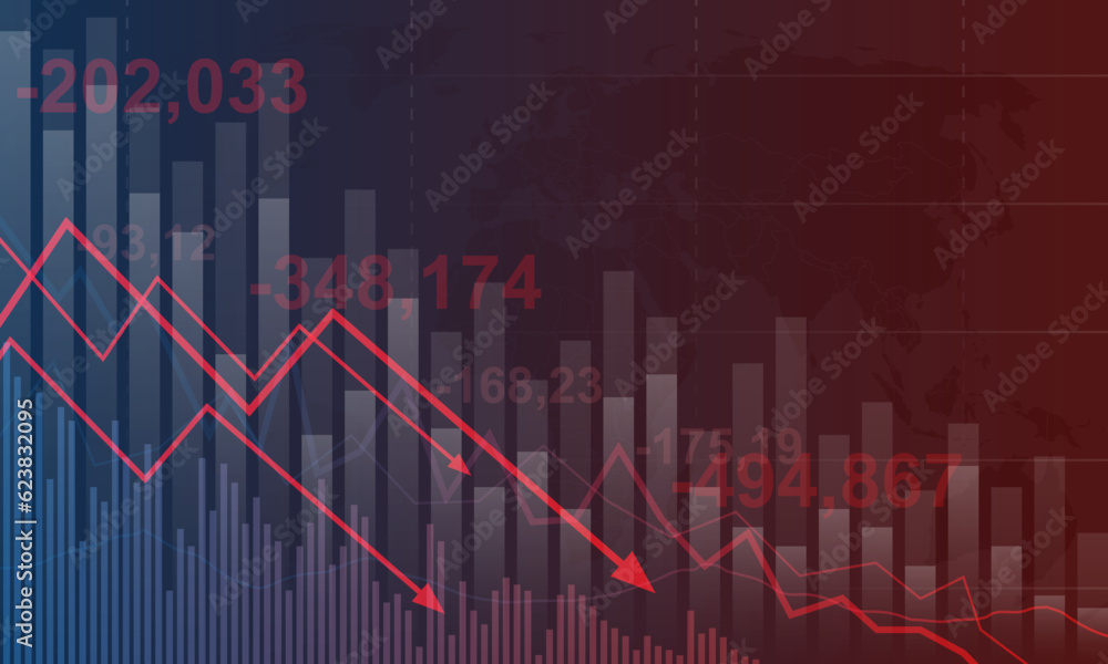 Declining World economy and business decline or economic fall and world business crisis with an international economy falling with a downward trend as a financial concept in a 3D illustration style.